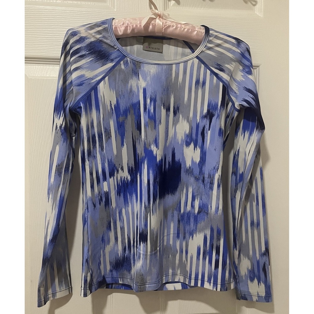 Athleta Blue Abstract Long Sleeve Rash Guard Swim Top XS UPF Sun Shirt Surf